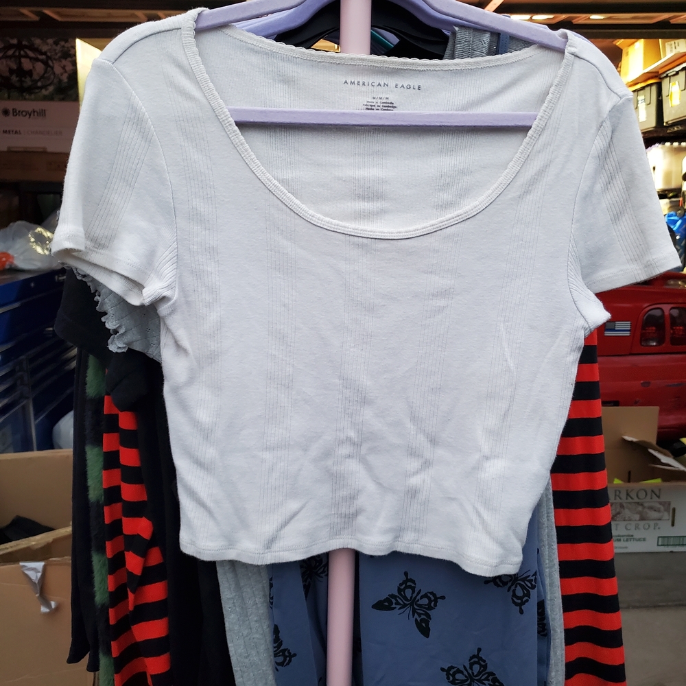 American Eagle Outfitters White Ribbed Scoop-Neck Crop Tee